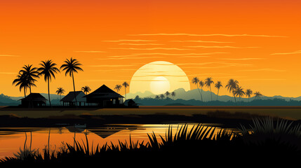 Thai rural life with rice field and hut in sunset time