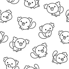 Fototapeta premium Cute kawaii axolotl. Seamless pattern. Coloring Page. Cartoon funny animals characters. Hand drawn style. Vector drawing. Design ornaments.