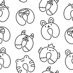 Travel neck pillow with animal face. Seamless pattern. Coloring Page. Accessory to healthy sleep. Hand drawn style. Vector drawing. Design ornaments.