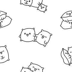 Kawaii pillow with cute face. Seamless pattern. Coloring Page. Cartoon happy character. Hand drawn style. Vector drawing. Design ornaments.