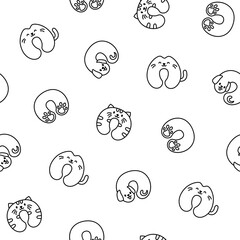 Travel neck pillow with animal face. Seamless pattern. Coloring Page. Accessory to healthy sleep. Hand drawn style. Vector drawing. Design ornaments.