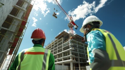 The construction workers and crane