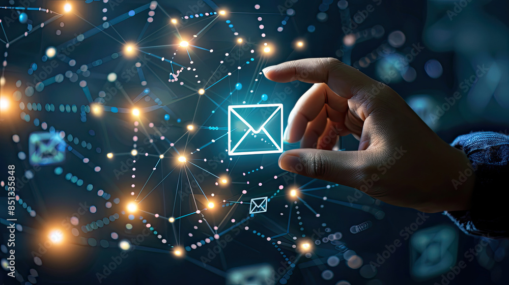 Poster a hand reaching for an email icon within a network of glowing connections. generative ai
