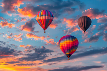 Obraz premium Hot air balloons in the sky at sunset , Colorful hot air balloons , Vibrant and Breath-Taking: Multicolored Hot Air Balloons , Vivid sunset sky adorned with a multitude of hot air balloons drifting 