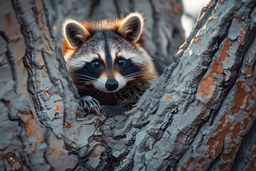 Raccoon in a tree branch, intricate fur details, sharp eyes, textured bark, natural lighting, vibrant surroundings,