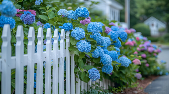 blue and pink hydrangea and white hedge