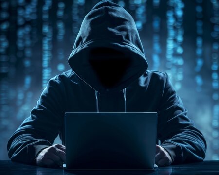A hooded figure sits in front of a laptop, obscured by shadows, with a background of cascading digital code