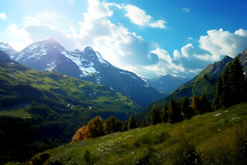 Fototapeta premium Beautiful alpine landscape with high mountains and blue sky with clouds. Generative Ai