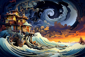 Beautiful house on the sea in the night, fantasy stormy surrealism. Generative Ai