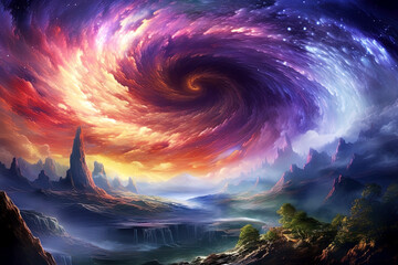 Fototapeta premium Fantasy alien planet. Mountain and nebula. Generative Ai