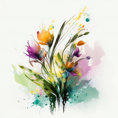 Watercolor blooming spring flowers with splash background. Illustration for card design print poster