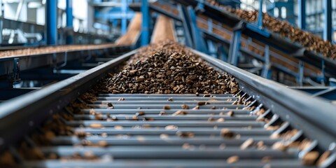 Biomass moves on conveyor belt to pyrolysis reactor for biochar production. Concept Biochar Production, Conveyor Systems, Pyrolysis Reactor, Biomass Processing, Renewable Energy