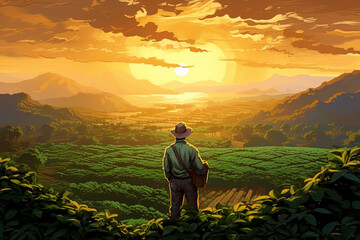 Fototapeta premium man looking at tea plantation at sunrise. Generative Ai