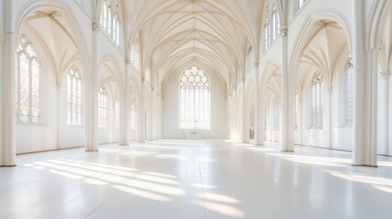 Obraz premium Bright, spacious, and empty cathedral interior with white walls and tall, arched windows, flooded with natural light, evoking a sense of peace.
