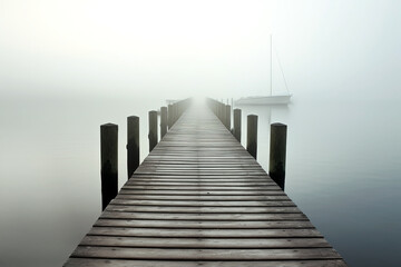 Obraz premium Wooden jetty on a foggy lake in the morning. Generative Ai