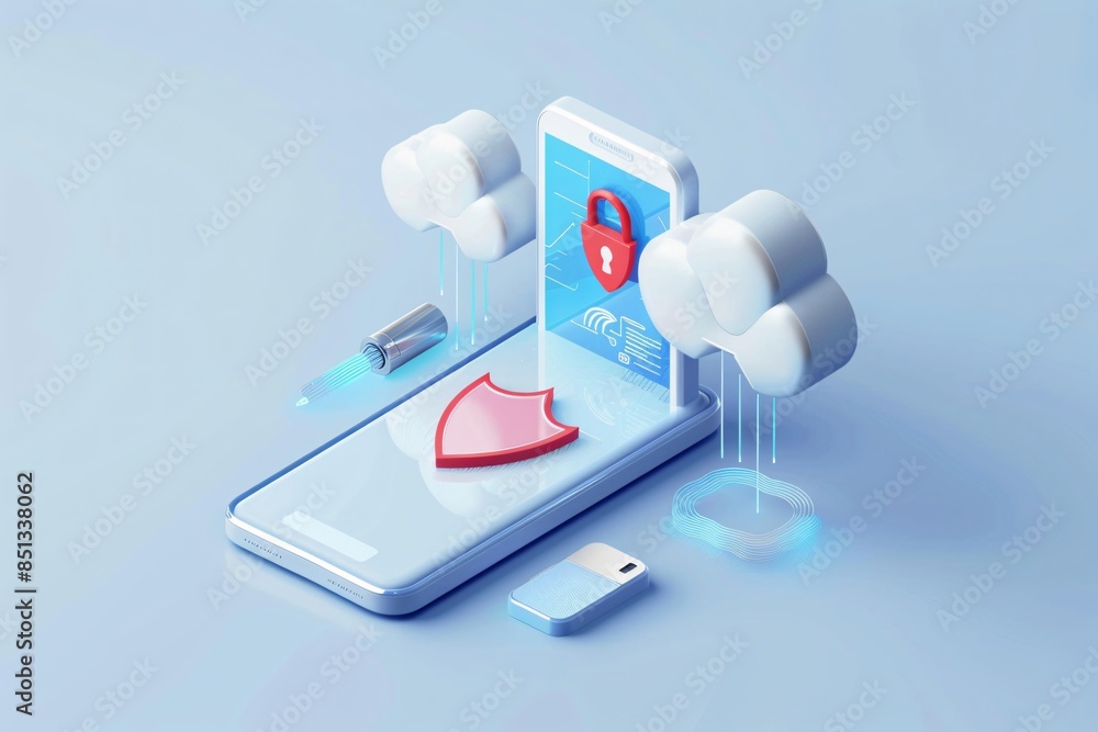 Poster illustration of data protection on mobile device. cloud based security, concept of digital privacy a