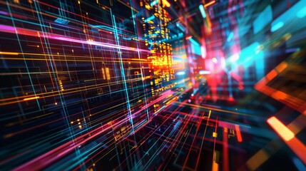 Vibrant and dynamic abstract technology grid background with colorful geometric shapes and digital elements