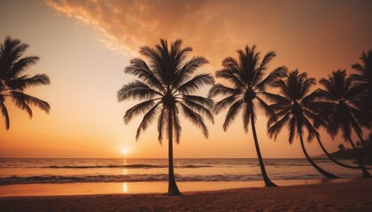 Obraz premium A breathtaking beach sunset with silhouetted palm trees and a pastel sky, offering a perfect blend of natural beauty and tranquility