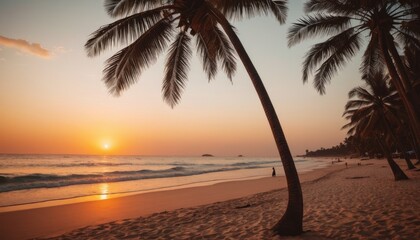 Fototapeta premium A serene beach at sunset with palm trees silhouetted against a pastel sky, waves gently lapping at the shore, creating a peaceful and picturesque scene.
