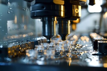 Close-up of industrial machinery with drill bits working on metal.