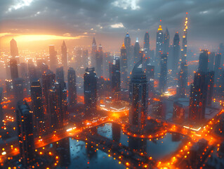 Fototapeta premium a city's skyline at night, bathed in the glow of towering skyscrapers and illuminated streets.