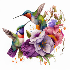 Hummingbird flower in purple-pink floral illustration