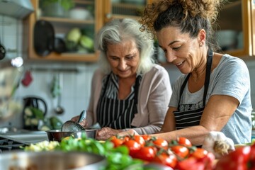 A friendly caregiver preparing a nutritious meal for an elderly woman in a modern kitchen. The caregiver explains the meal's ingredients and their health benefits while cooking. The woman watches