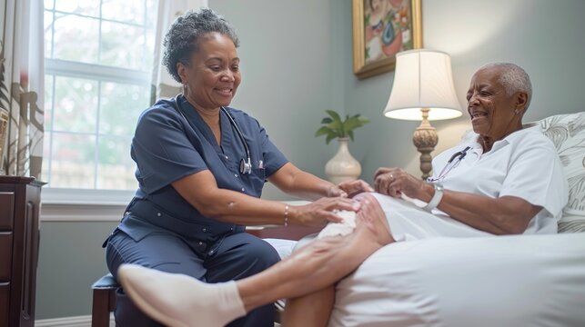 A dedicated home healthcare worker providing wound care for a senior woman. They are in a clean and well-lit bedroom, with the worker carefully dressing a wound on the woman's leg. The woman looks