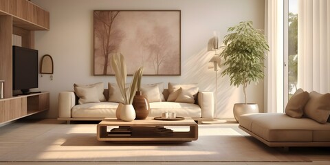 3D rendering of modern interior design in beige earth tones. Concept 3D Rendering, Modern Interior Design, Beige Earth Tones