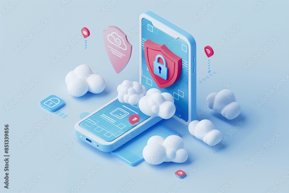 Poster illustration of data protection on mobile device. cloud based security, concept of digital privacy a