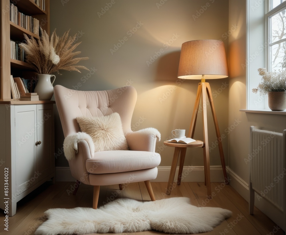 Poster a cozy reading nook featuring a plush armchair, a floor lamp, and a small side table with a book and