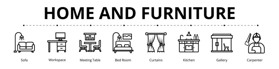 Home and Furniture Line banner web icon set vector illustration, sofa workspace meeting table bedroom curtains gallery carpenter