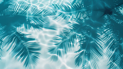 top view of water surface with tropical leaf shadow. Shadow of palm leaves on white sand beach. Beautiful abstract background concept banner for summer vacation at the beach