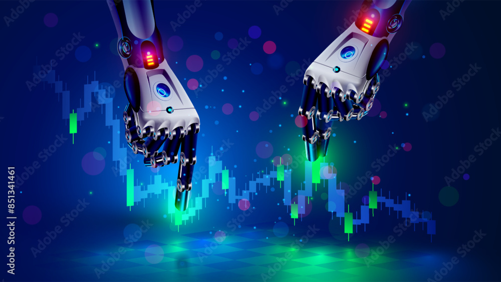 Poster Robot or bot trader. AI for automation trading on stock market. Hands robot point at candlestick graph on trading exchange market. Artificial intelligence trader. AI chat bot for Online trading.