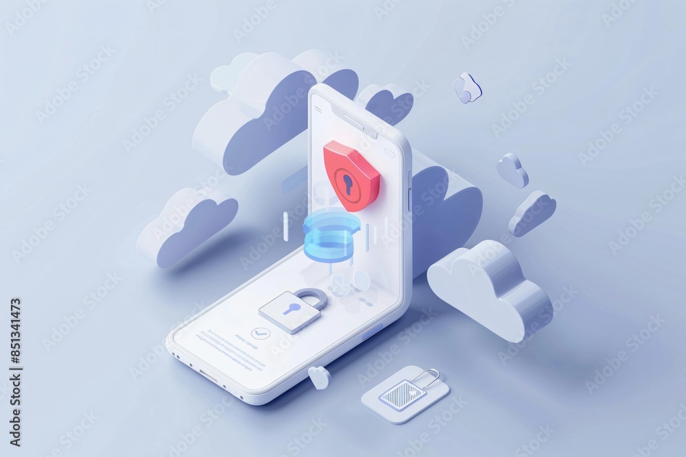 Poster illustration of data protection on mobile device. cloud based security, concept of digital privacy a