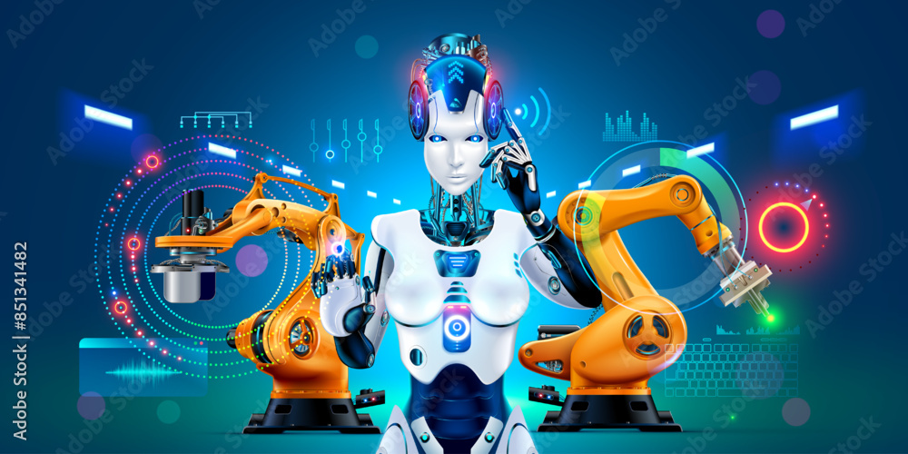 Poster AI humanoid robot on factory. Robot woman with AI control production line on industry factory with robotics arms. Industry 4.0 concept banner. Artificial intelligence on modern industrial factory.