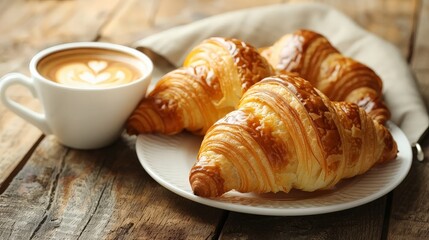 Fresh Croissants with Latte on Wooden Table