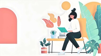Illustration of Woman Working on Laptop
