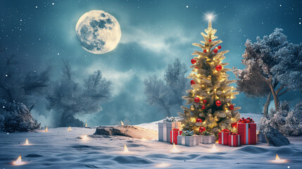 Decorated Christmas tree and many gifts with full moon. Christmas and holidays background