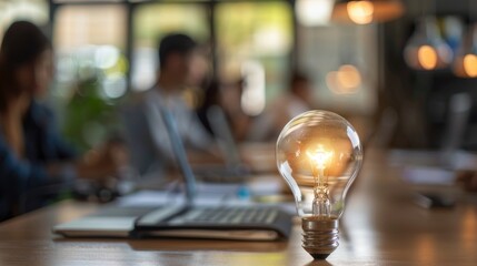 Creative Business Ideas Brainstorming Session with Colleagues, Light Bulb, Laptops, and Notebooks on Table.