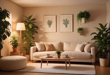 A cozy living room with a beige sofa, potted plants, and blank canvases on the wall. 3D render