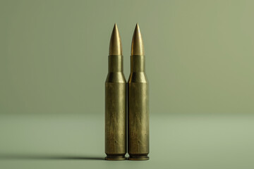 Two realistic 3D renderings of unfired rifle bullets with a green background