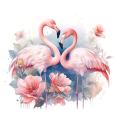 Naklejka premium Flamingo with flowers and birds 