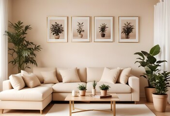 A cozy living room with a beige sofa, potted plants, and blank canvases on the wall. 3D render