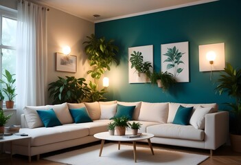 A cozy living room with a beige sofa, potted plants, and blank canvases on the wall. 3D render