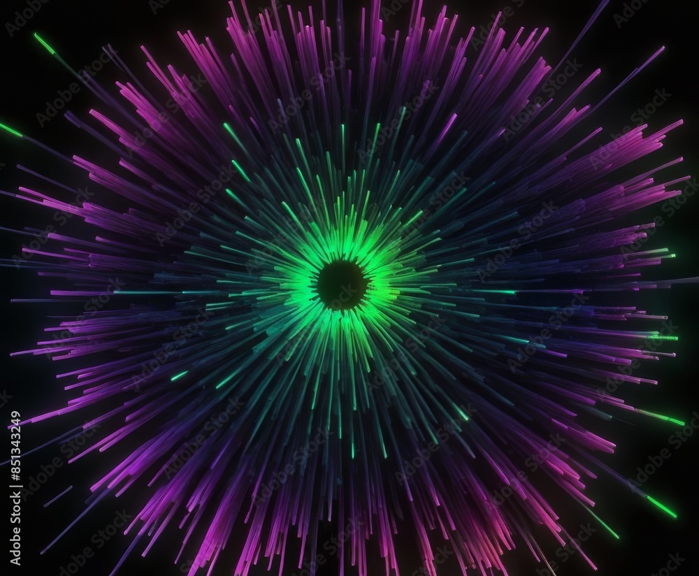 Poster an abstract burst of colorful light beams radiating from a central point. the vibrant greens and pur