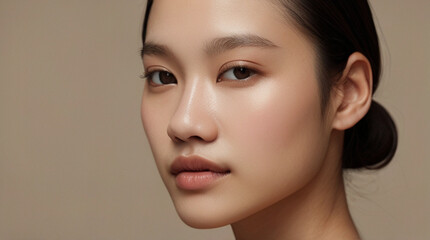 Naklejka premium Close up portrait of beautiful Asian young woman in 20s with perfect glowy skin