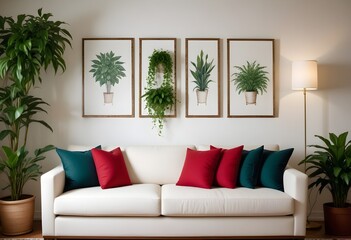 Fototapeta premium A cozy living room with a beige sofa, potted plants, and blank canvases on the wall. 3D render
