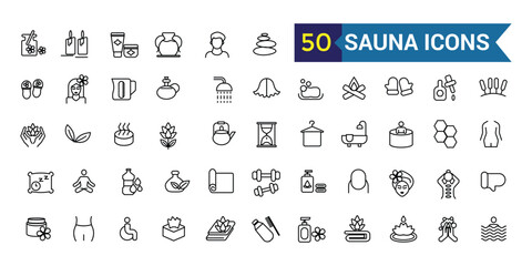 Sauna icons set. Outline set of sauna vector icons for ui design. Outline icon collection. Editable stroke.