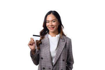 Fototapeta premium Confident businesswoman holding credit card standing against white background